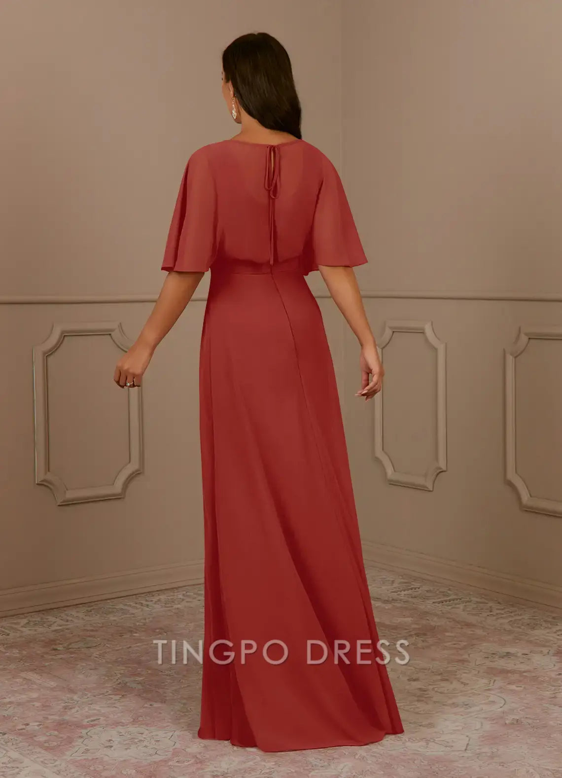 TingPo Wholesale Elegant V - Neck Chiffon Evening Gown with Flutter Sleeves and Pleated Bodice: A Graceful Choice for Formal Occasions